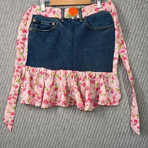 Levi’s Denim Apron Upcycled Handmade Ruffles Bow Cottagecore Floral Kitchen Cook